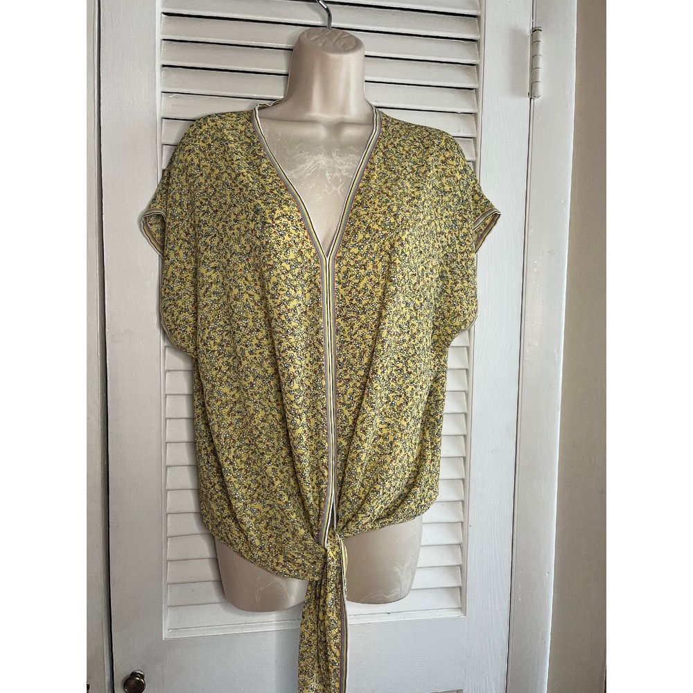 Max Studio Floral Tie-Front Top V-Neck Short Sleeve Yellow Blouse Casual Size L